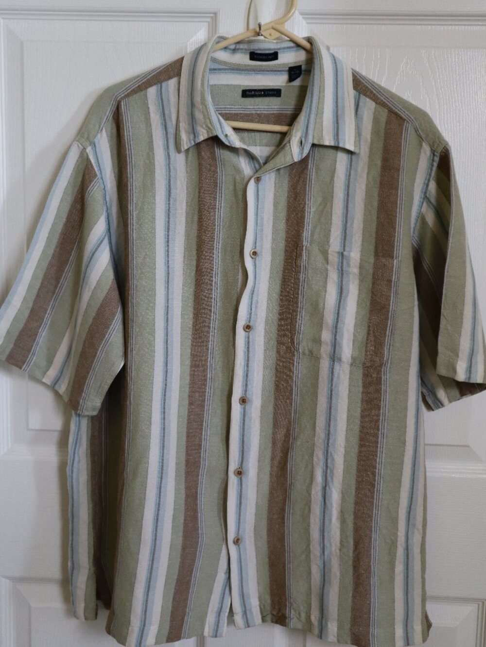Van Heusen Washable Linen Casual Button Down Shirt Short Sleeve Striped Sz Large